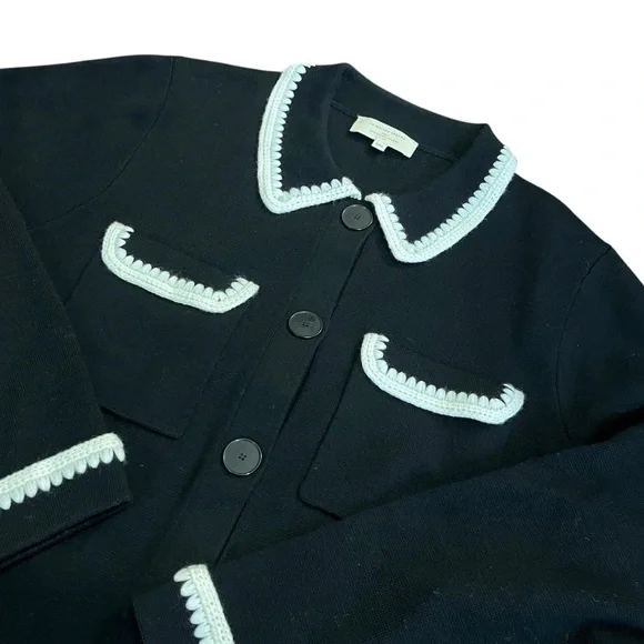 Sézane Betty Cardigan Black Ecru Crochet Trim Parisian Chic XXL Sz 12 NWOT - Picture 1 of 6